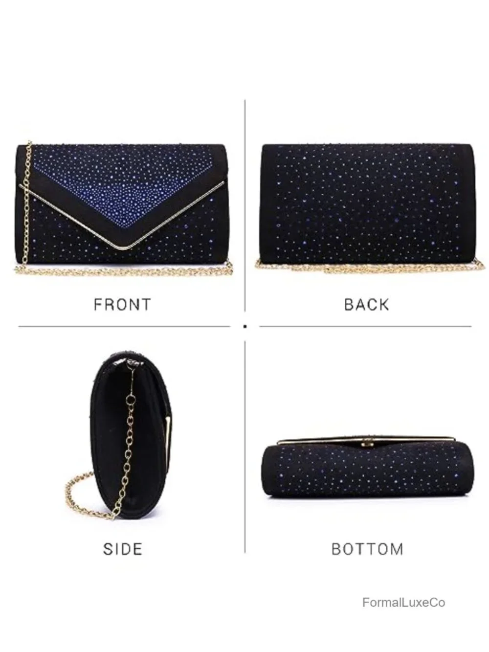 Faux Suede Rhinestone Evening Clutch with Detachable Chain Strap